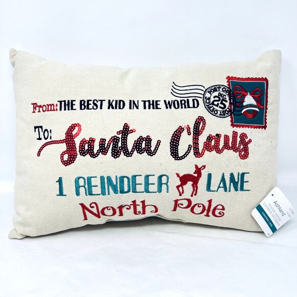Ashland Christmas Santa Claus Letter Pillow Decorative Embroidered 12" x 18" - Picture 1 of 7
